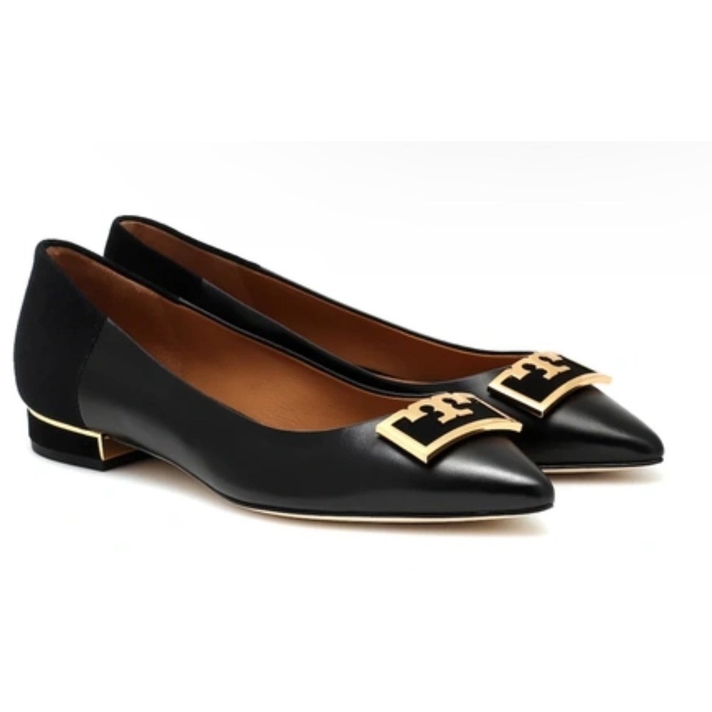 Tory Burch Gigi Pointed Toe Flats Women 7M Black Leather Suede Gold Logo Good
